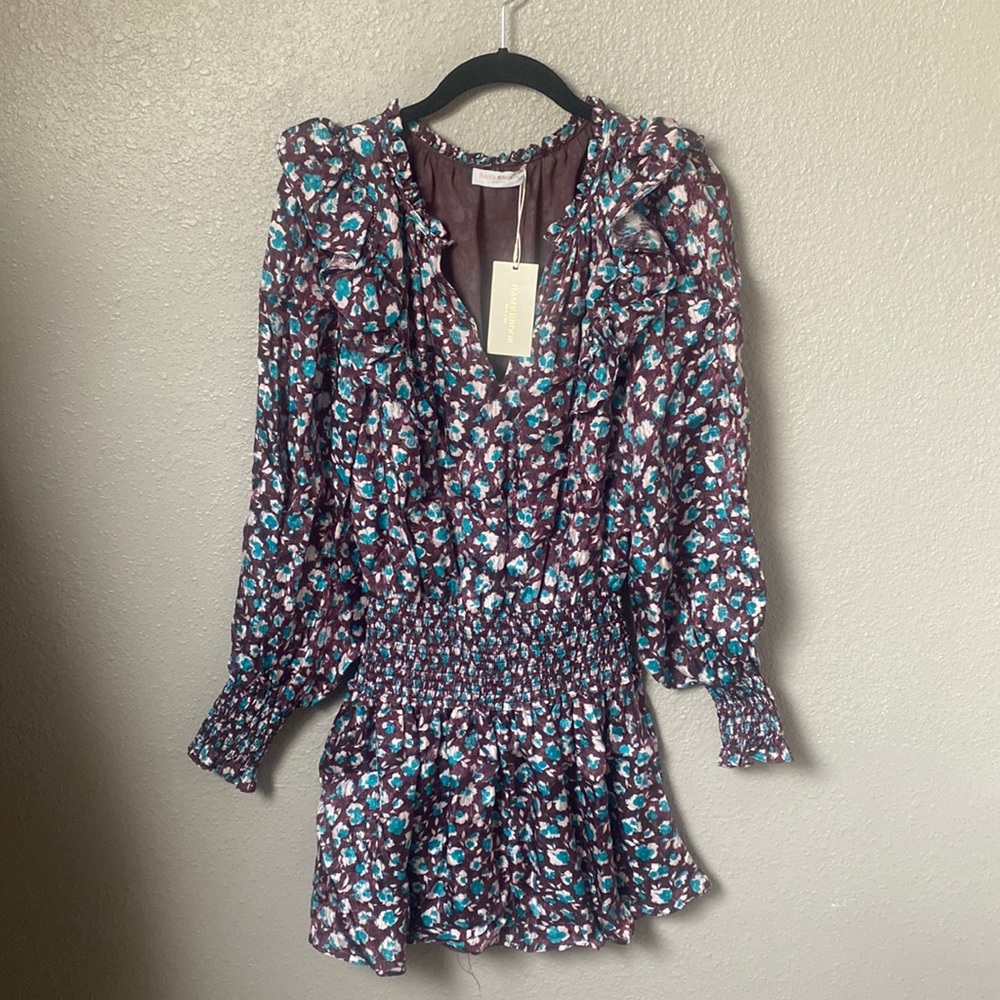 Ramy Brook Purple Blue Penelope Printed Ruffle Mini Dress Size XXS